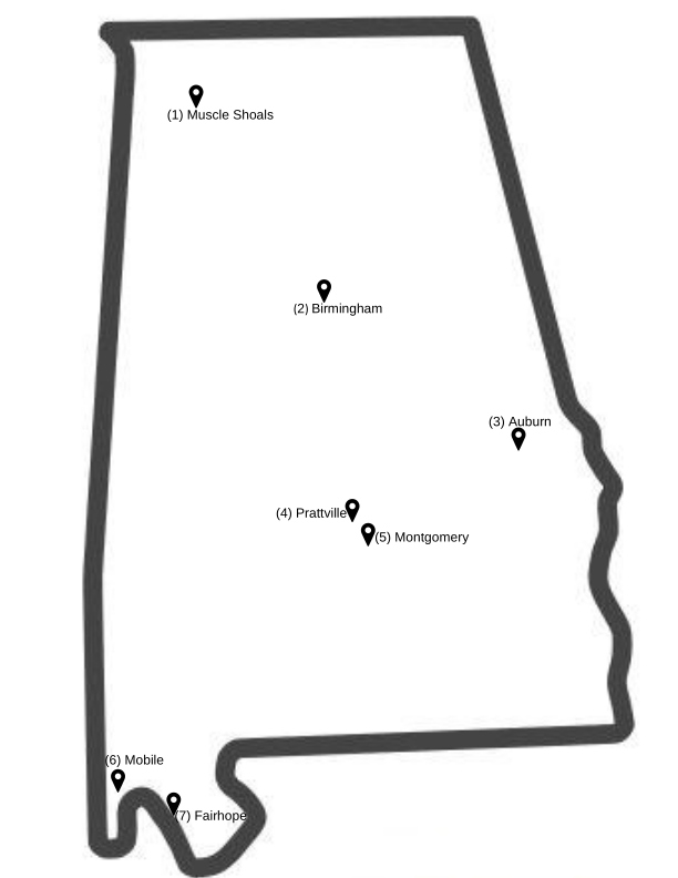 Map of Things to do whilst travelling thru Alabama